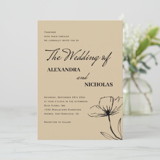 Modern Simple Brown Neutral Floral Wedding Kaart (Staand voorkant)
