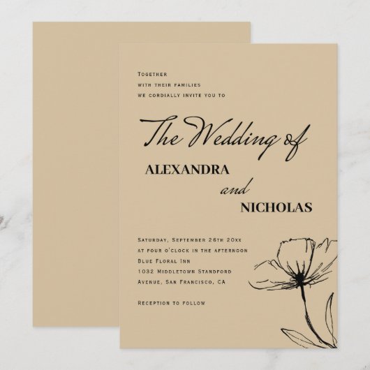 Modern Simple Brown Neutral Floral Wedding Kaart (Voorkant / Achterkant)