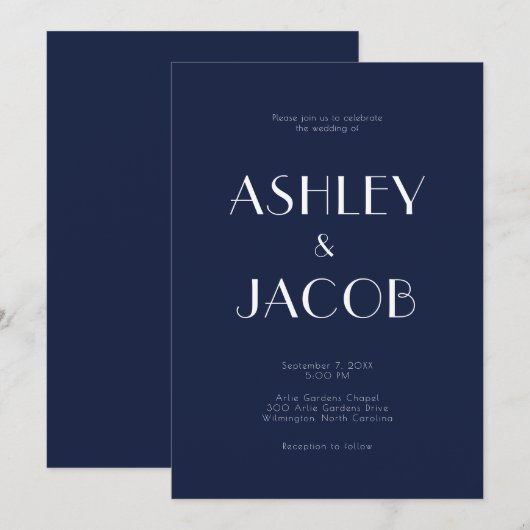 Modern Simple Budget Navy Blue Wedding Kaart (Voorkant / Achterkant)