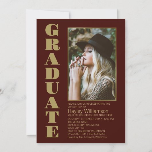 Modern Simple Burgundy Gold Photo Graduparty Kaart (Voorkant)