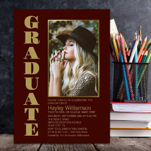Modern Simple Burgundy Gold Photo Graduparty Kaart