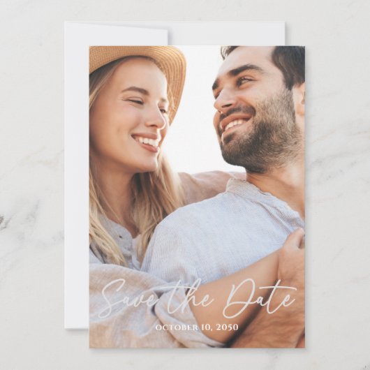 Modern Simple Burgundy Photo Calligraphy Script Save The Date (Voorkant)