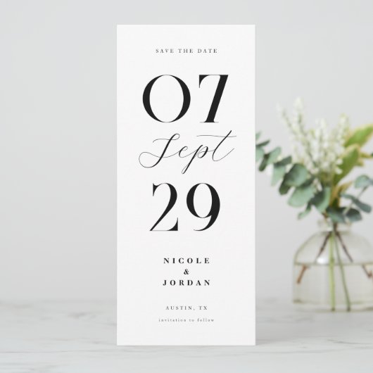 Modern Simple Chic Black en White Wedding Save The Date (Staand voorkant)