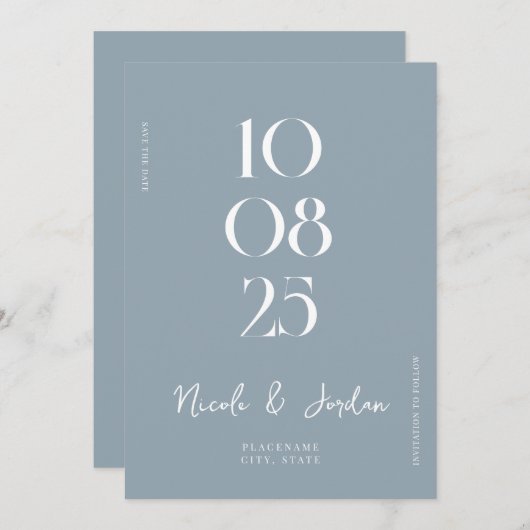 Modern Simple Chic Dusty Blue Wedding Save The Date (Voorkant / Achterkant)