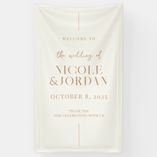 Modern Simple Chic Ivory Tan Weddenschap Welkom Spandoek (Verticaal)