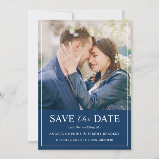 Modern Simple Chic Navy Blue Photo Wedding Save The Date (Voorkant)