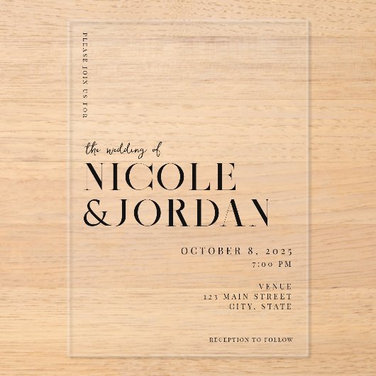 Modern Simple Chic Wedding Acryl Uitnodigingen (Voorkant)