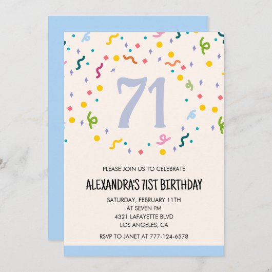 Modern Simple Confetti 71st verjaardagsuitnodiging Kaart (Voorkant / Achterkant)