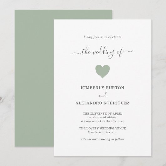Modern Simple Cute Heart Green Sage Wedding Kaart (Voorkant / Achterkant)