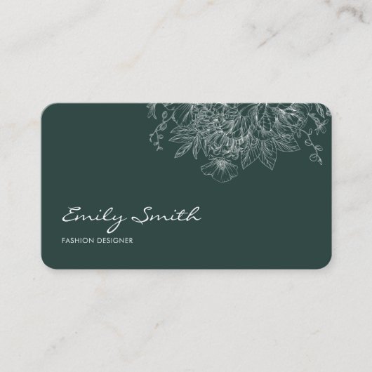 Modern Simple Dark Blue Flower Line Art QRCode Visitekaartje (Voorkant)