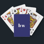 Modern Simple Dark Navy Blue Monogram Pokerkaarten<br><div class="desc">Dit moderne speelkaartdek is voorzien van een moderne donkerblauwe marineblauwe achtergrond met uw monogram of initialen in vet wit lettertype. Een eenvoudig en leuk ontwerp!</div>