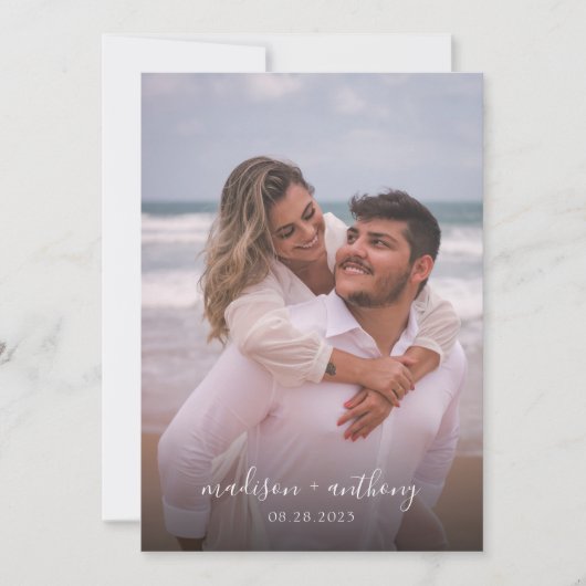 Modern Simple Dusty Blue Script Photo Wedding Kaart (Voorkant)