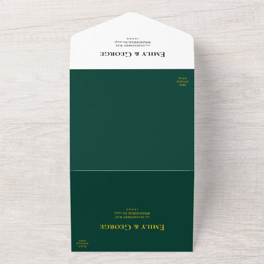 Modern Simple Emerald Green Gold Monogram Weddensc All In One Uitnodiging (Buitenkant)