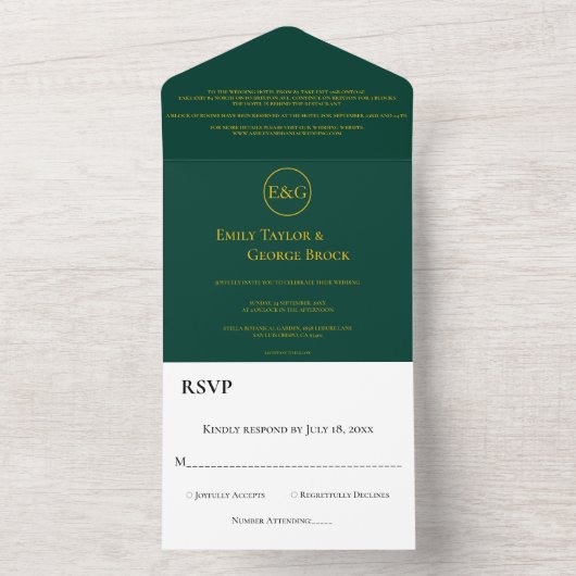 Modern Simple Emerald Green Gold Monogram Weddensc All In One Uitnodiging (Binnen)
