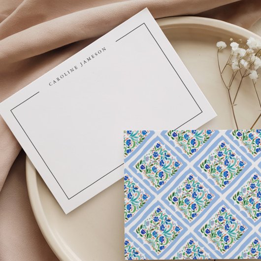 Modern Simple Floral Blue Name Flat Note Card Notitiekaartje