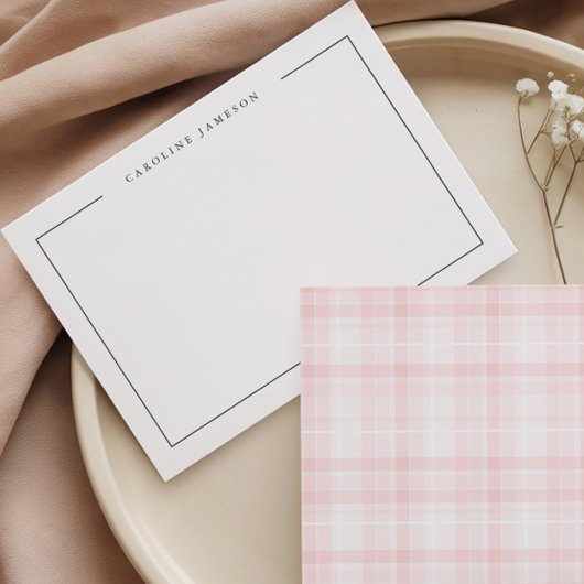 Modern Simple Floral Pink Plaid Flat Note Card Notitiekaartje