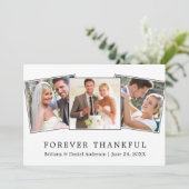 Modern Simple Forever Thankful 3 Photo Wedding Bedankkaart (Staand voorkant)