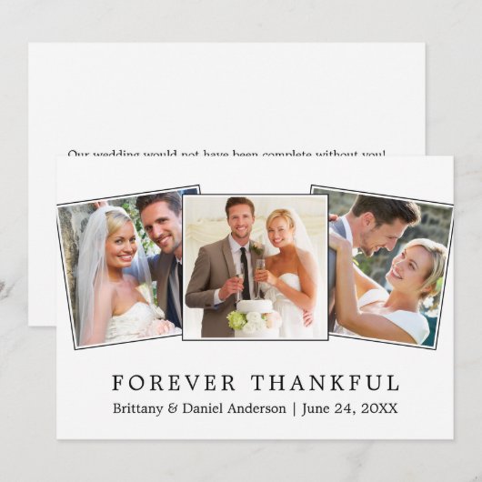 Modern Simple Forever Thankful 3 Photo Wedding Bedankkaart (Voorkant / Achterkant)