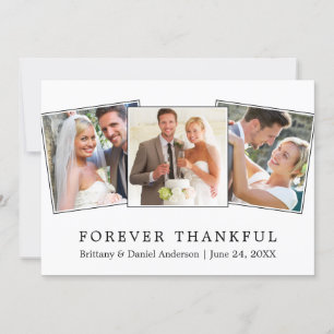 Modern Simple Forever Thankful 3 Photo Wedding Bedankkaart