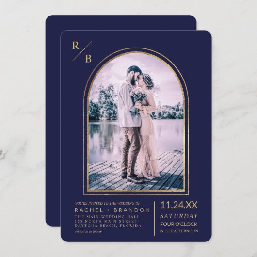 Modern Simple Gold Navy Blue Arch Wedding Kaart (Voorkant / Achterkant)
