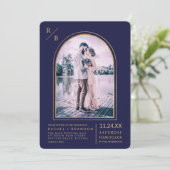 Modern Simple Gold Navy Blue Arch Wedding Kaart (Staand voorkant)