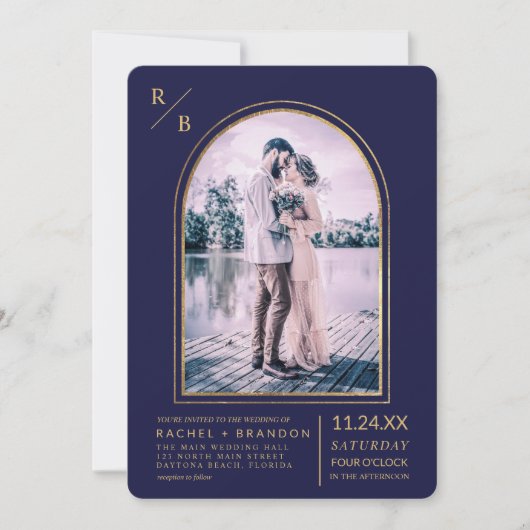 Modern Simple Gold Navy Blue Arch Wedding Kaart (Voorkant)