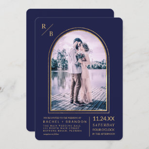 Modern Simple Gold Navy Blue Arch Wedding Kaart