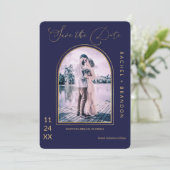 Modern Simple Gold Navy Blue Arch Wedding Save The Date (Staand voorkant)