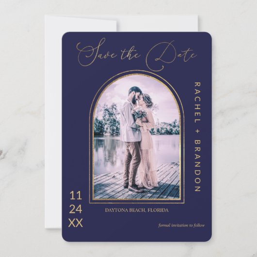 Modern Simple Gold Navy Blue Arch Wedding Save The Date (Voorkant)