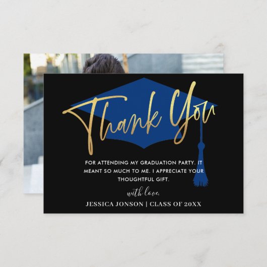 Modern Simple Golden Navy Afstuderen PHOTO Bedankkaart (Voorkant / Achterkant)