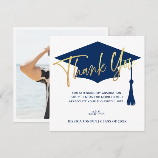 Modern Simple Golden Navy Afstuderen PHOTO Bedankkaart (Voorkant / Achterkant)