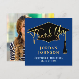 Modern Simple Golden Navy Blue FOTO-Afstuderen Bedankkaart