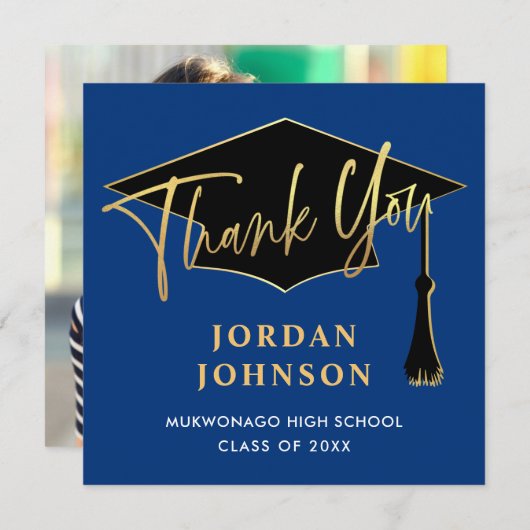 Modern Simple Golden Navy Blue FOTO-Afstuderen Bedankkaart (Voorkant / Achterkant)
