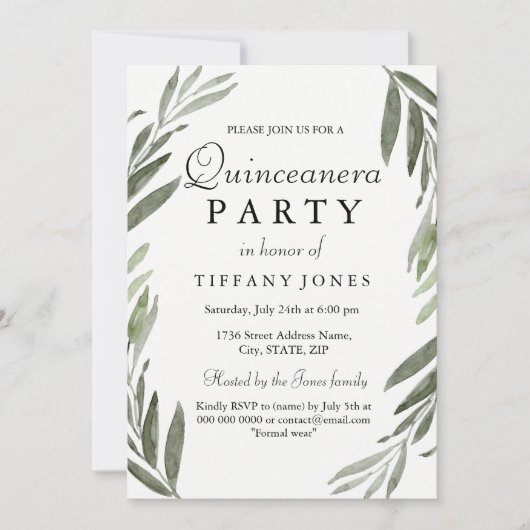 Modern Simple Green Leaf Quinceanera Party nodigt  Kaart (Voorkant)