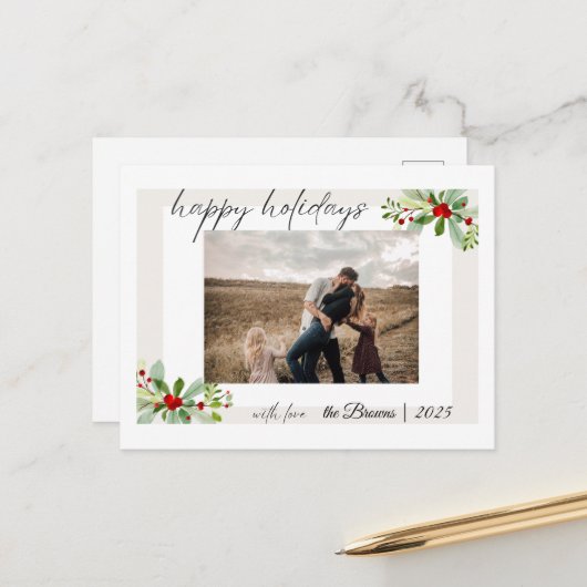 Modern Simple Happy Holidays Family Photo Card Briefkaart (Voorkant / Achterkant in situ)