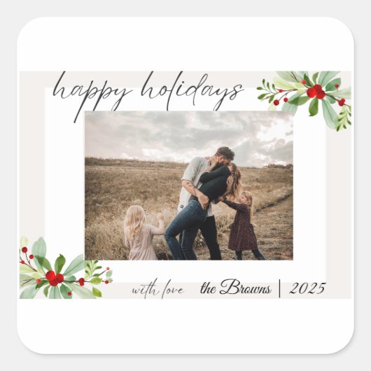 Modern Simple Happy Holidays Family Photo Card Vierkante Sticker (Voorkant)