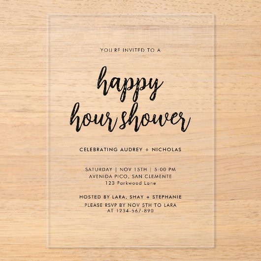Modern Simple Happy Hour Couple Bridal Shower Acryl Uitnodigingen (Voorkant)
