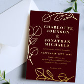 Modern Simple Leaves Burgundy and Gold Folie Uitnodiging