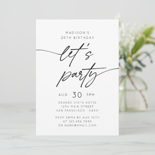 Modern Simple Let's Party Script Birthday Photo Kaart (Staand voorkant)