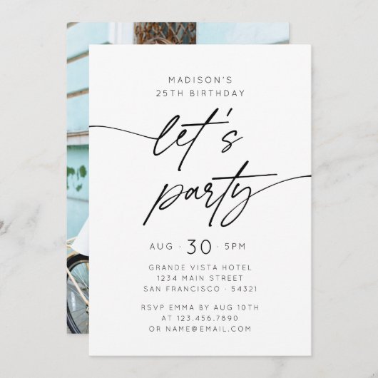 Modern Simple Let's Party Script Birthday Photo Kaart (Voorkant / Achterkant)