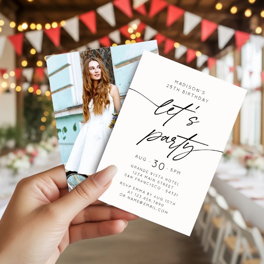 Modern Simple Let's Party Script Birthday Photo Kaart