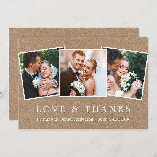 Modern Simple Love Bedankt 3 Foto Wedding Kraft (Voorkant / Achterkant)