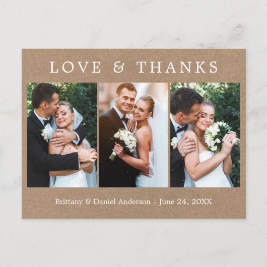 Modern Simple Love Bedankt 3 Foto Wedding Kraft Briefkaart (Voorkant)