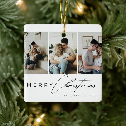 Modern Simple Merry Christmas Elegant Script Photo Keramisch Ornament (Boom)