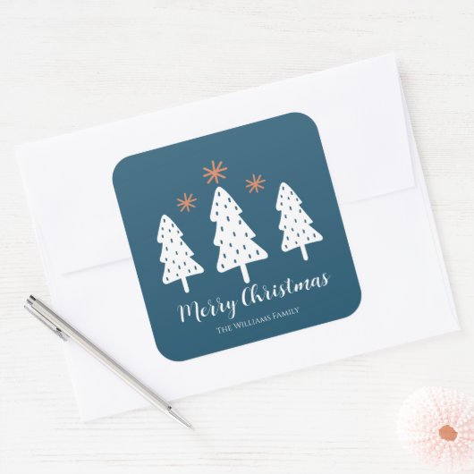 Modern Simple Merry kerstbomen Stars Bleu Vierkante Sticker (Envelop)