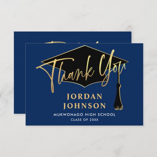 Modern Simple Minimalist Golden Navy Afstuderen Bedankkaart (Voorkant / Achterkant)
