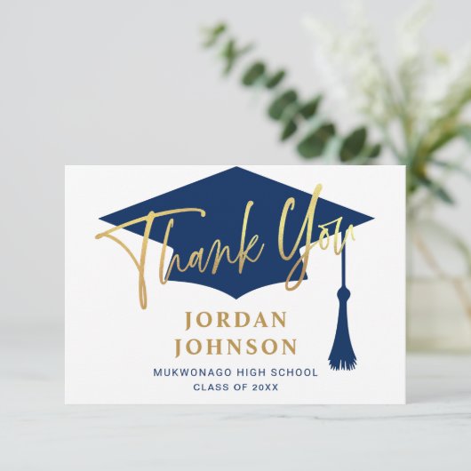 Modern Simple Minimalist Golden Navy Afstuderen Bedankkaart (Staand voorkant)