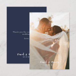 Modern Simple Minimalist Navy Blue Photo Wedding Bedankkaart