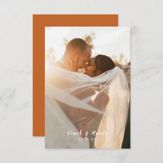 Modern Simple Minimalist Terracota Photo Wedding Bedankkaart (Voorkant / Achterkant)