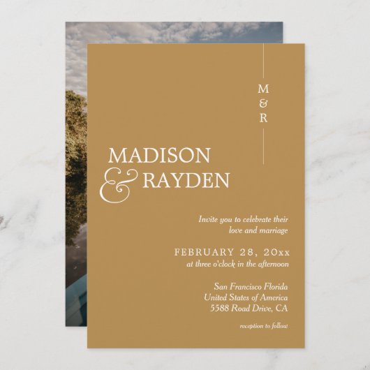 Modern Simple Mustard Monogram Photo Weddenschap Kaart (Voorkant / Achterkant)